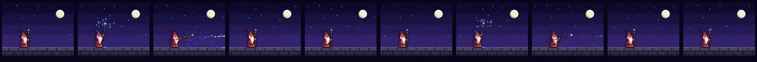 Pixel-art wizard casting a spell