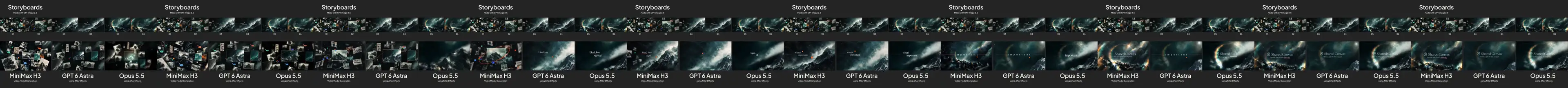 Same storyboards through MiniMax, GPT + After Effects and Opus + After Effects